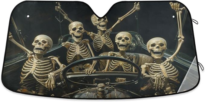 Windshield Sun Shade Funny Skeletons in Car Front Window Block UV Shades Visor Reflective Retractable for Car SUV Trucks