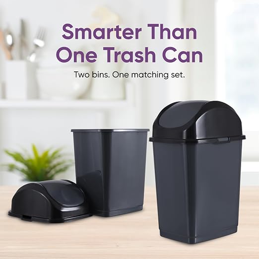 Superio Mini 1.25 Gallon and Small 2.5 Gallon Plastic Trash Cans with Swing Top Lid, Grey Waste Bin for Countertop, Desk, Vanity, Bathroom, 2 Pack (Grey)