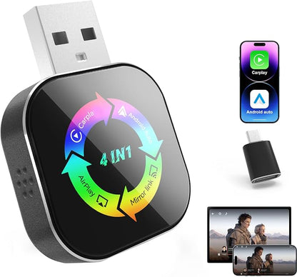 2026 Upgraded Wireless Carplay Adapter, 4 in 1 Screen Mirroring Support Mirror Link/AirPlay for Apple CarPlay & Android Auto, Mini USB/Type-C Plug & Play Car Play Adapter, Wired to Wireless