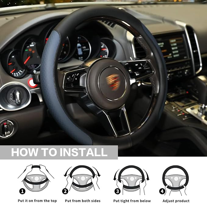 Steering Wheel Cover, Microfiber Leather Splicing with Classic Embossing,Contrasting Colors Anti-Slip Breathable Auto Car Steering Wheel Cover Fit 15 Inch Car Wheel Protector (Black&Blue)
