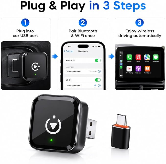 2026 Wireless CarPlay and Android Auto Adapter, Mini Wired to Wireless CarPlay Adapter, Fast Low-Lag Auto-Connect Bluetooth Car Play Dongle, Stable Connection, USB & Type-C for Cars