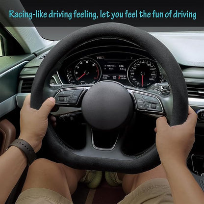 Carodi Suede Steering Wheel Cover ， Non-Slip Leather Car Interior Fitting 15-inch Universal（D-Shape,Black）