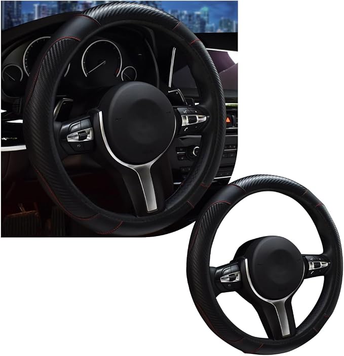 povtii Car Steering Wheel Cover, 15 Inch Leather Breathable Auto Steering Wheel Protector, Comfortable Non-Slip Vehicle Steering Wheel Covers, Universal Interior Car Accessories (Black)