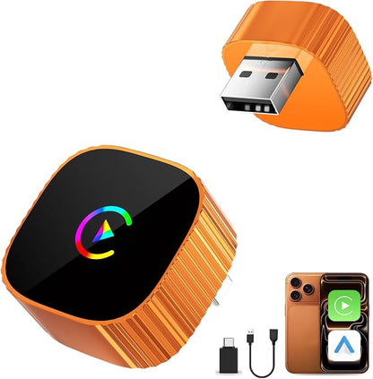 2-in-1 Wireless CarPlay for iPhone & Android Auto, Converts Wired to Wireless CarPlay, 2026 Upgrade, Faster & Stable Connection, Plug & Play, 1080P HD Display,Mini Size, Orange，USB-A & Type-C Port