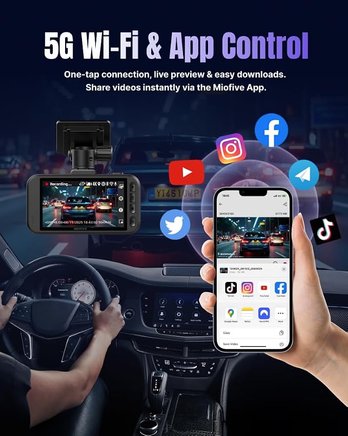 Miofive Dash Cam Front & Rear Dual Channel – Front 4K UHD + Rear 2.5K, Built-in GPS & 5GHz WiFi, 3.0″ IPS Screen, HDR & Night Vision, G-Sensor, 24-Hour Parking Mode, 32 GB Card Included