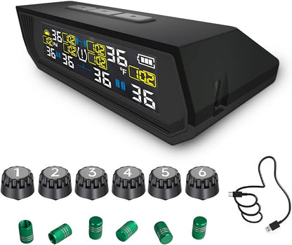 Tire Pressure Monitoring System TPMS, Solar Charge Tire Pressure Monitor with 6 External Sensors & 6 Alarm Modes, 0-144 PSI, Real-time Wireless TPMS for RV SUV Truck - with 6 Tire Valve Caps