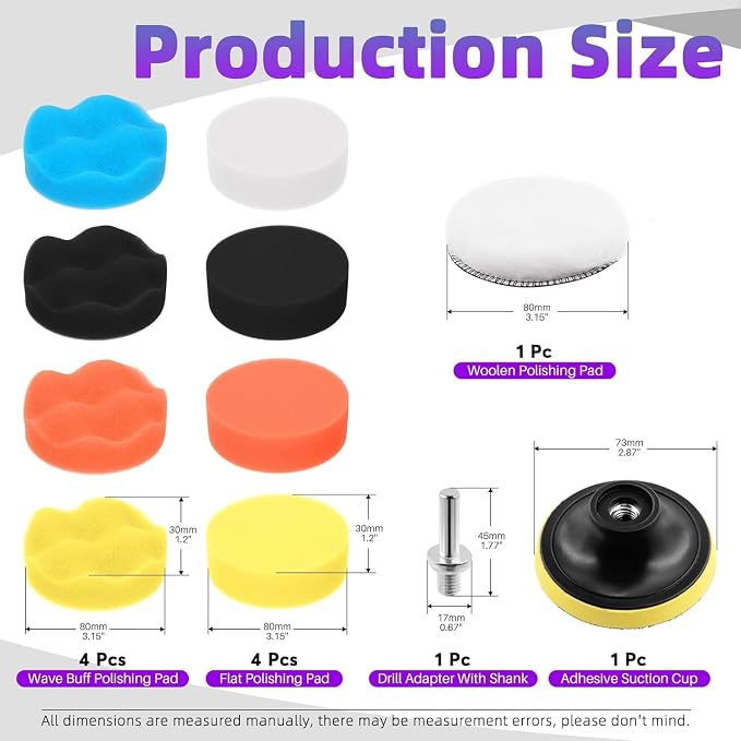 11Pcs 3 Inch Car Foam Drill Polishing Pad Kit, 5 Color Graded Sponge Buffing Pads + Wool Buff Pad, Hook & Loop Backing Plate with M10 Drill Adapter for Auto Detailing, Polishing, Waxing, Sealing Glaze
