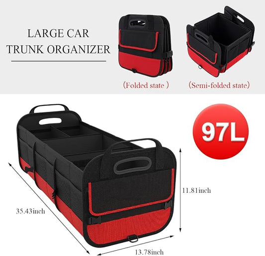 povtii Large Organizer for Car, 95L Stretchable Storage Trunk Organizer with Divided Compartments, Fixed Big Trunk Organizer with Handles & Adjustable Straps, Car Accessories (Black & Red)