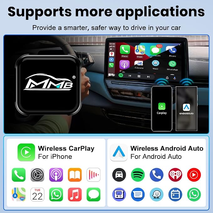 MMB Wireless CarPlay Adapter for iPhone, 2-in-1 Wireless CarPlays & Android Auto Adapter, Convert Wired to Wireless CarPlay,Plug & Play,Auto Reconnect, No Delay, USB-A/Type-C for iOS 10+ & Android 11+