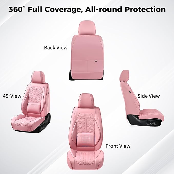 Huidasource Pink Car Seat Covers Full Set, Car Seat Covers Front and Rear Seat, Full Coverage Waterproof Leather Car Seat Cushion Cover Protector Universal Fit for Most Cars SUV Trucks