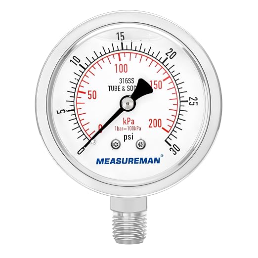 MEASUREMAN Fully Stainless Steel Hydraulic Glycerin Filled Pressure Gauge, 2-1/2" Dial Size,0-30psi/kpa,1/4" NPT Lower Mount
