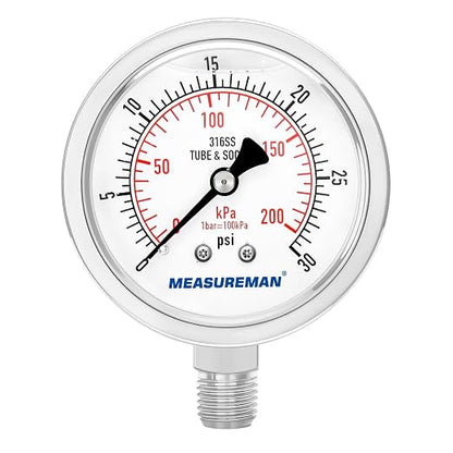MEASUREMAN Fully Stainless Steel Hydraulic Glycerin Filled Pressure Gauge, 2-1/2" Dial Size,0-30psi/kpa,1/4" NPT Lower Mount