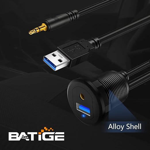 Alloy USB 3.0 AUX DC3.5mm Port Car Mount Flush Cable for Car Boat Motorcycle Dash Panel with LED Indicator - 3ft