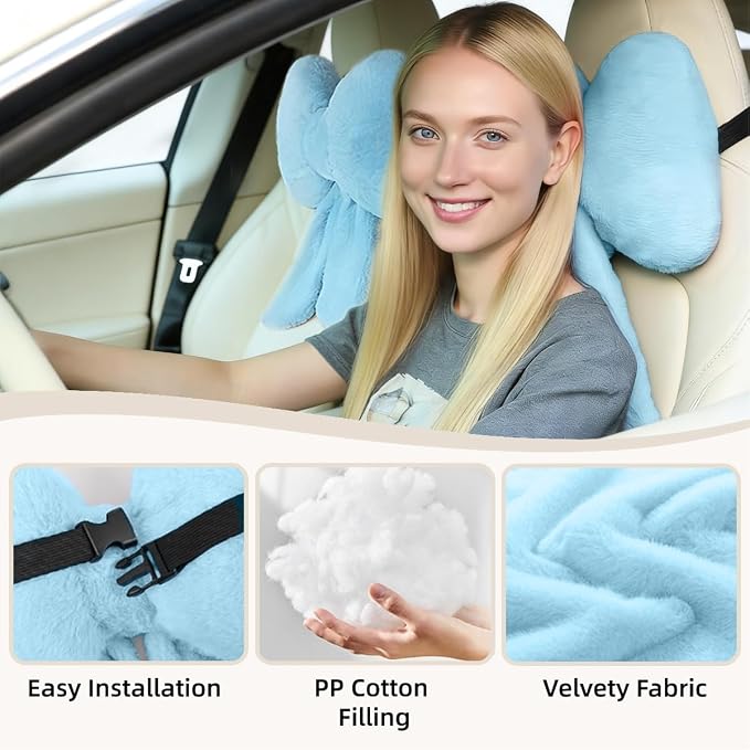 Sexysamba 2 Pcs Plush Bow Car Headrest Neck Pillow Cute Bow Pillow for Car Seat Décor Soft Neck Support for Comfortable Driving Traveling Office Fluffy Head Rest Cushion, Blue