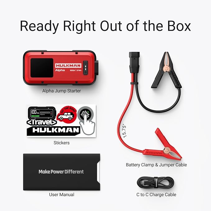 Hulkman Alpha,Ultra Red,1000A 37Wh Jump Starter,10000mAh Power Bank, Portable,12V Jump Box with Jumper Cables,45-Min Full Recharge,24-Month Standby,Easy Start,IP65,LED Display,for 6.5L Gas/3.0L Diesel