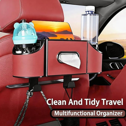 Back Seat Car Organizer,4 in 1 Multifunctional Car Back Seat Storage Box with Drink Cup Holder Tissue Box, for Hold Phone,Snacks, Drinks, Handbag-Red