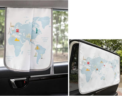 Magnetic Car Sun Shade Curtain for Side Window – Sun Blocker and UV Protector for Baby, Kids, and Pets – Universal Fit with Built-in Magnets for Steel-Framed Door (Be-Travel Map)