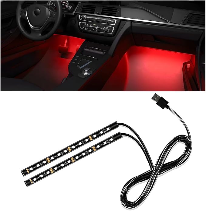 Wevdn Car Interior LED Strip Light, 12V 24 LED Waterproof Neon Ambient Night Light with USB Port, Automotive Atmosphere Decorative Under Dash Lighting Kit, Car Accessories (Red)