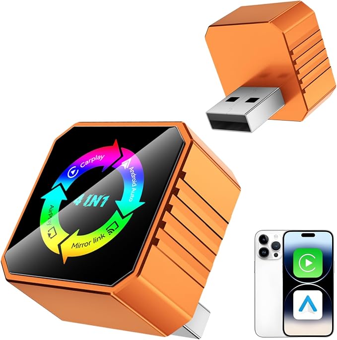 2026 4-in-1 Wireless CarPlay & Android Auto Adapter, AirPlay MirrorLink Screen Mirroring Dongle, 5.8G WiFi BT 5.3, USB/C Plug & Play for OEM Wired Cars (Orange) (Orange)