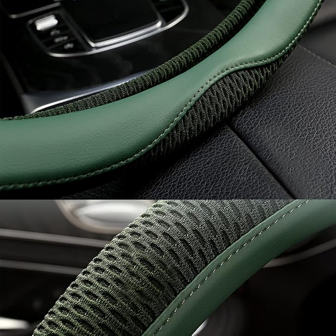 LKWLIKEI Car Steering Wheel Cover, Universal 15 inch, the Latest Microfiber Leather Breathable Technology Fabric, Non-Slip, Comfortable, Warm in Winter and Cool in Summer, Green