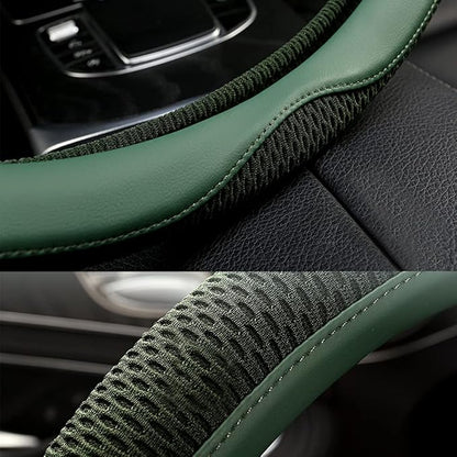 LKWLIKEI Car Steering Wheel Cover, Universal 15 inch, the Latest Microfiber Leather Breathable Technology Fabric, Non-Slip, Comfortable, Warm in Winter and Cool in Summer, Green