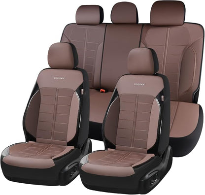 Coverado Full Set Leather Car Seat Covers, Crafted with Full Leather Construction and Carbon Fibre Weave Universal Fit for Most Cars SUV Trucks(Coffee