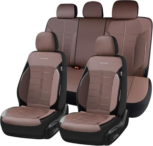 Coverado Full Set Leather Car Seat Covers, Crafted with Full Leather Construction and Carbon Fibre Weave Universal Fit for Most Cars SUV Trucks(Coffee