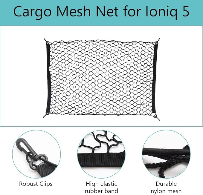 BestEvMod for Ioniq5 Cargo Mesh Net Accessories,Stretchable Trunk Organizer Cargo Net Elastic Mesh with Hooks Compatible with Hyundai Ioniq 5 2022-2026 Accessories