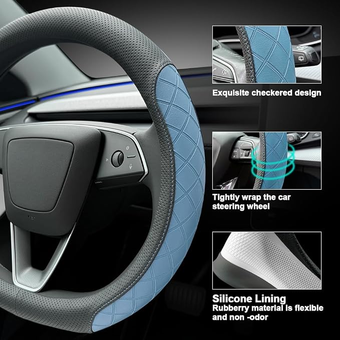 LKWLIKEI Leather Steering Wheel Cover. Elegant Diamond Checkered Design, Non-Slip and Breathable, for Tesla Model 3/Y Steering Wheel Protector,Black Blue