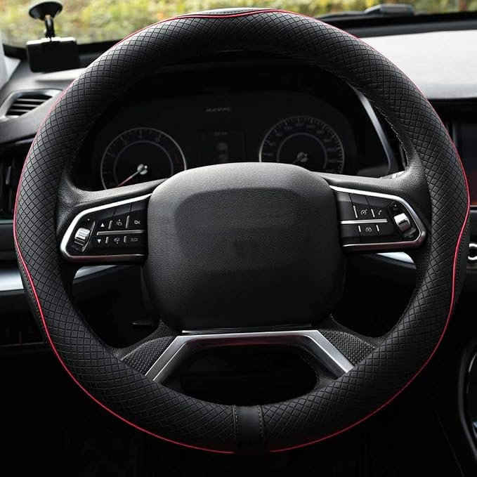 Microfiber Leather Car Steering Wheel Cover, Soft Padding, Durable, No Smell, Universal 15 Inch Steering Cover, Anti-Slip Embossing Pattern A, Black with Red Line