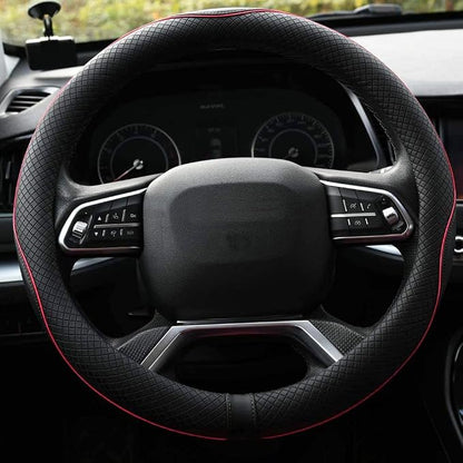 Microfiber Leather Car Steering Wheel Cover, Soft Padding, Durable, No Smell, Universal 15 Inch Steering Cover, Anti-Slip Embossing Pattern A, Black with Red Line