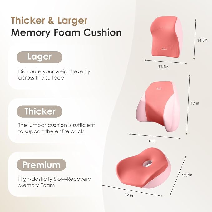 FLORICH Upgraded 3-in-1 Memory Foam Car Seat Cushion Set with Lumbar Support & Neck Pillow, Washable Driving Seat Cushion for Back & Sciatica Pain Relief, Non-Slip Seat Cushion for Car, Office-Pink