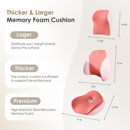 FLORICH Upgraded 3-in-1 Memory Foam Car Seat Cushion Set with Lumbar Support & Neck Pillow, Washable Driving Seat Cushion for Back & Sciatica Pain Relief, Non-Slip Seat Cushion for Car, Office-Pink