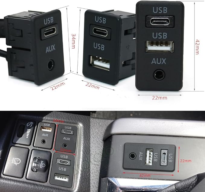 Car Dash Flush Mount 4 6Pin Dual Type-C USB Port Switch Panel 3.5mm AUX for RCA Interface Cable Adapter Android Multimedia Head Unit - (Color Name: I)