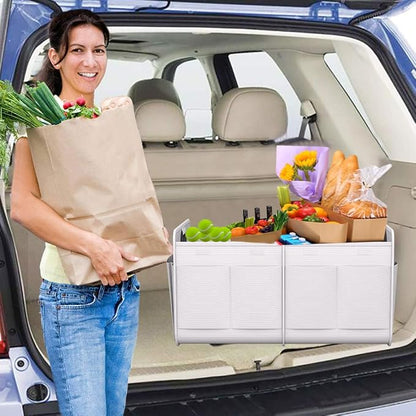 Homeve Car Trunk Organizer for SUV, 18.5Gal Large Capacity No-Sag Heavy Duty, Foldable Waterproof Anti-Slip Storage with 12 Pockets, Fit Sedan, Truck, Universal Car Accessories, White, 2 Compart,Large
