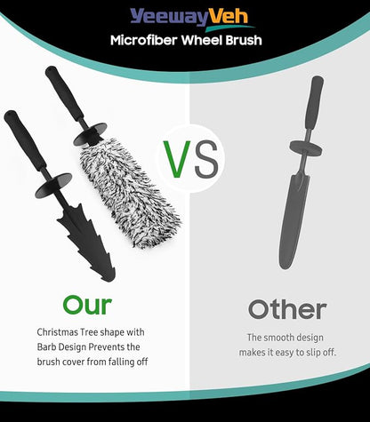 YeewayVeh 3PCS Wheel Cleaning Brush, Microfiber Flat Wheel Rim Cleaner Brush with 2 Extra Replaceable Cover, Car Cleaning Brush Kit for Wheels Tire Fenders Engine Exhaust Tips, Black&White