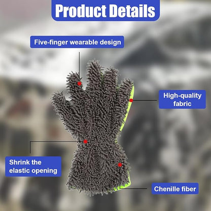 2PCS Car Wash Mitts, Double Sided Chenille Microfiber Dusting Gloves with 5-Finger Design, Anti-Scratch Auto Interior Exterior Detailing Mitt for Cleaning Wheel Tight Spot (Grey)
