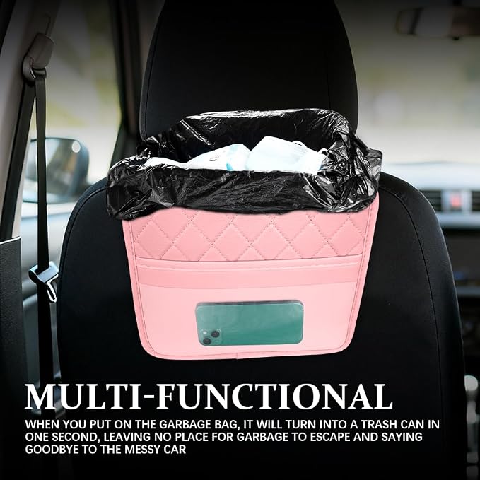 Car Seat Back Organizer, Leather Backseat Hanging Storage Bag, Multipurpose Car Hanging Trash Bag with 2 Compartments, Car Large Capacity Pouch Pocket for Kids & Adults (Pink/Transparent Bag)