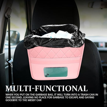 Car Seat Back Organizer, Leather Backseat Hanging Storage Bag, Multipurpose Car Hanging Trash Bag with 2 Compartments, Car Large Capacity Pouch Pocket for Kids & Adults (Pink/Transparent Bag)