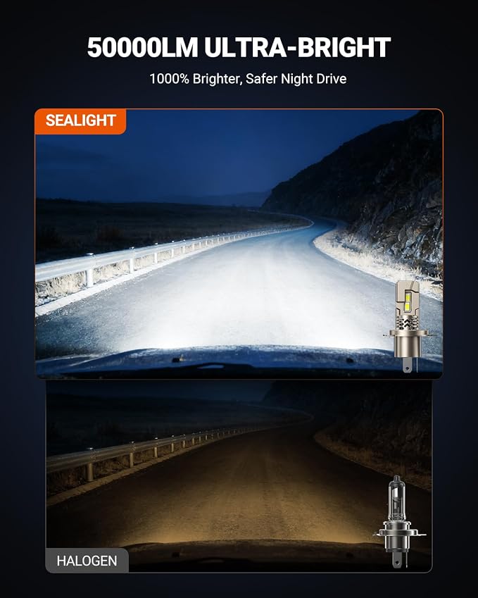 SEALIGHT H4 LED 50,000LM Super Bright 9003 Light Bulbs, 1:1 Size Original Bulbs, 70000Hrs Lifespan with 25000RPM Cooling Fan, IP68 Waterproof, 3MIN Play and Plug, Pack of 2