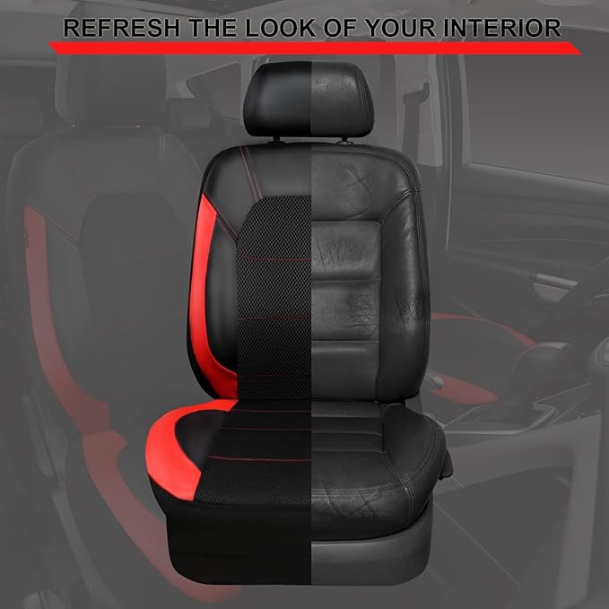 CAR PASS Leather Car Seat Covers Front Seats Only, with Air Mesh Front Seat Covers Breathable, Cool Automotive Seat Covers 2 Pack, Universal Fit Most Cars,SUV,Truck,Van Airbag Compatible(Black & Red)