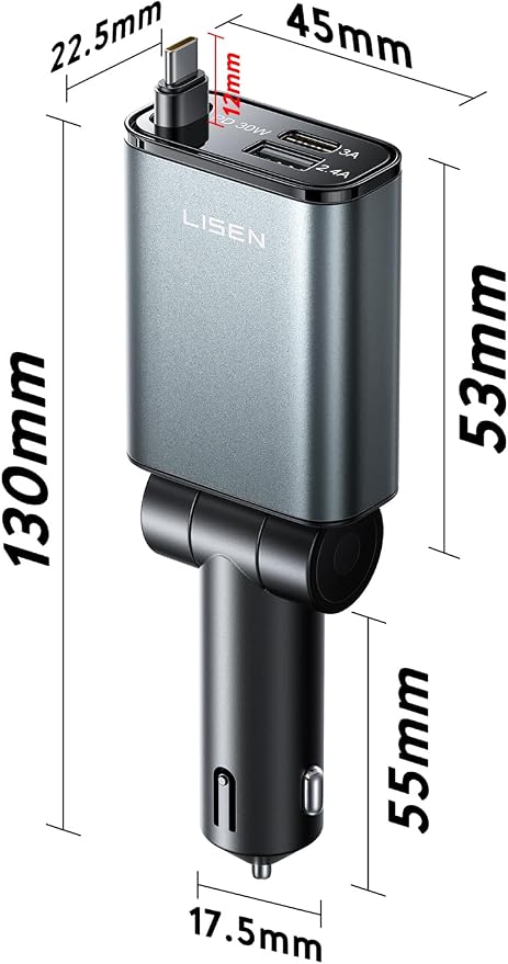 LISEN Car Charger USB C Fast Charge, [Single-Port] Retractable Car Charger USB C, RV Power Adapters for Women Men Phone Type C Charging for iPhone 17 Pro Max 16 15 Samsung S26 S25, MacBook Neo