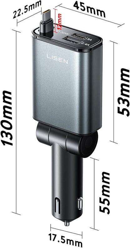 LISEN Car Charger USB C Fast Charge, [Single-Port] Retractable Car Charger USB C, RV Power Adapters for Women Men Phone Type C Charging for iPhone 17 Pro Max 16 15 Samsung S26 S25, MacBook Neo