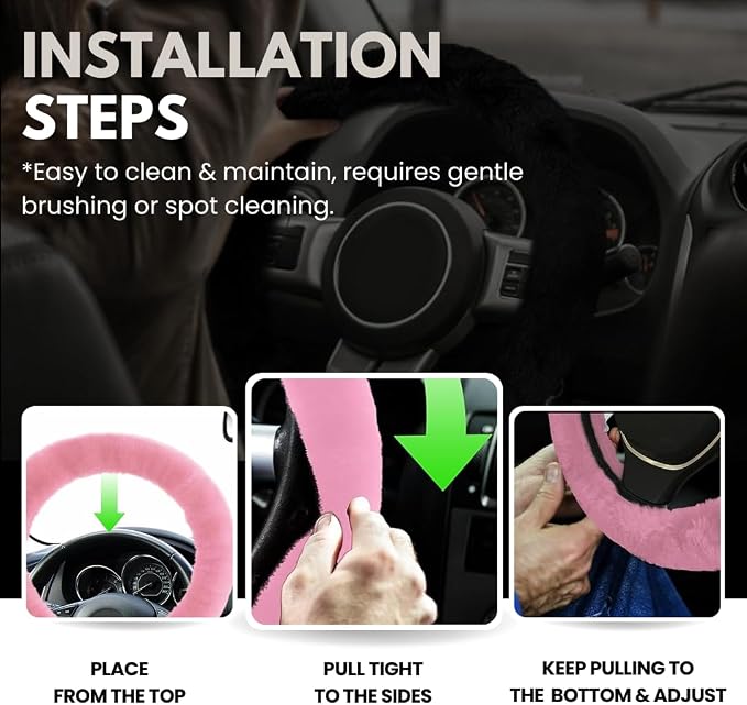 Andalus Brands Luxury Fluffy Car Steering Wheel Covers – Genuine Merino Sheepskin, Soft Fuzzy Car Steering Wheel Cover for Women, Universal 14.5-15" Size, Plush Fur Cute Auto Accessories, Pink