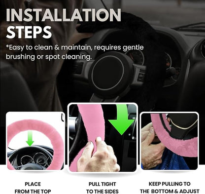Andalus Brands Luxury Fluffy Car Steering Wheel Covers – Genuine Merino Sheepskin, Soft Fuzzy Car Steering Wheel Cover for Women, Universal 14.5-15" Size, Plush Fur Cute Auto Accessories, Pink