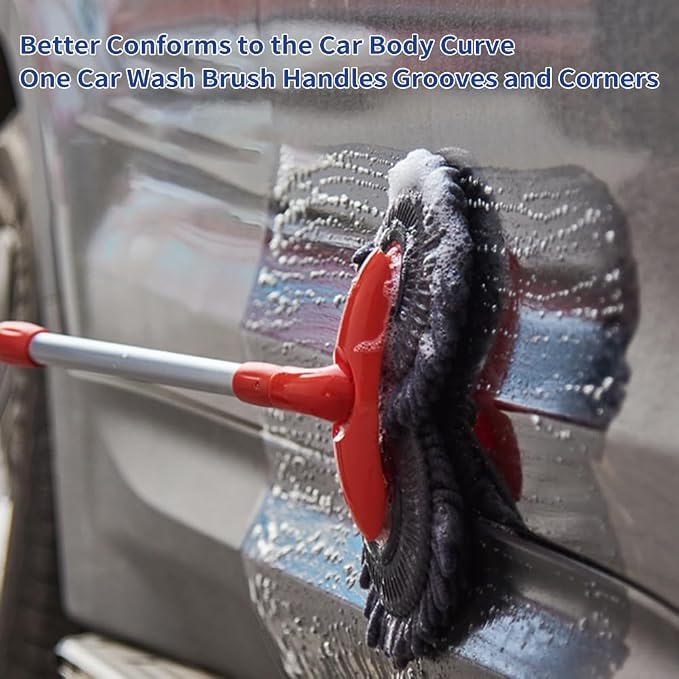 Double Head Car Wash Mop with Long Extension Pole, Telescoping Chenille Microfiber Wash Brush for Car Truck SUV and RV, Lightweight Aluminum Cleaning Tool with Foam Grip Handle