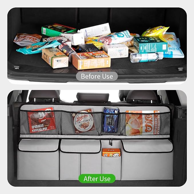 Viaviat Hanging Car Trunk Organizer, Collapsible Backseat Storage Bag with 9 Large Pockets for Medium or Large Size SUV, Truck, MPV, Car Interior Accessories (Light-gray)