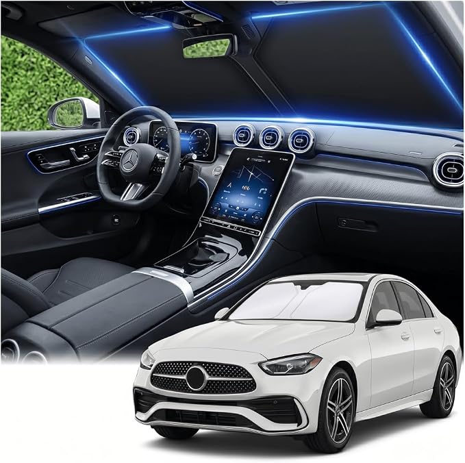 Windshield Sun Shade for Benz C-Class 2008-2024 2025 Sunshade Front Window Shade Custom Fit C-Class W205 C250 C300 C400 SLK SLS CLA CLS CL-Class Sun Visor Foldable Shade Blocks UV Rays Accessories
