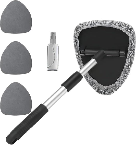 Car Window Cleaner, Car Cleanser Brush, Car Accessories Car Cleaning Supplies Tools, Car Cleaning Kit with Extendable Handle, Microfiber Cloth, Spray Bottle, Fits All Cars (Gray)