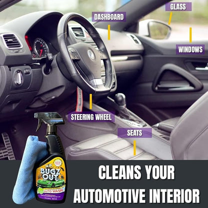 Bugz Out Car Bug Cleaner, Remover and Wash - Spray Bugs, Tar, Bird Poop Off Exterior of Car and Windshield. Remove Black Streaks Without Scratching or Removing Paint. 24 oz spray bottle with